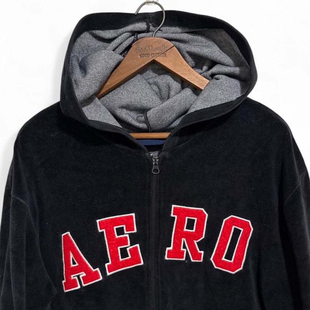 Vintage Aeropostale Full Zip Velour Hoodie Black AERO Logo